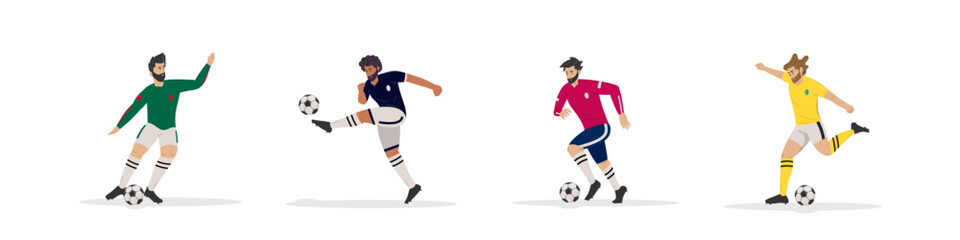 Conjunto de jugadores de fútbol de la Copa Mundial de diferentes equipos pateando el balón. Personas con ropa deportiva. Campeonato mundial de fútbol