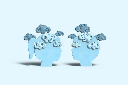 Childrens heads with stylised blue clouds, brain fog, long covid, depression, mental disorder, loss of concentration, in youth, children teenagers concept. 3D illustration
