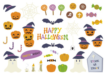 ハロウィンのかわいいイラスト詰め合わせ　カラフルなタイトル文字　カボチャ、ジャックオランタン、キャンディ、おばけ、コウモリ、クモ、蝋燭