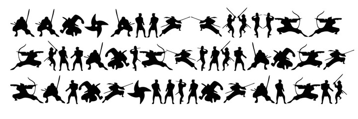 Collection of ninja With arrows silhouette vectors on a white background