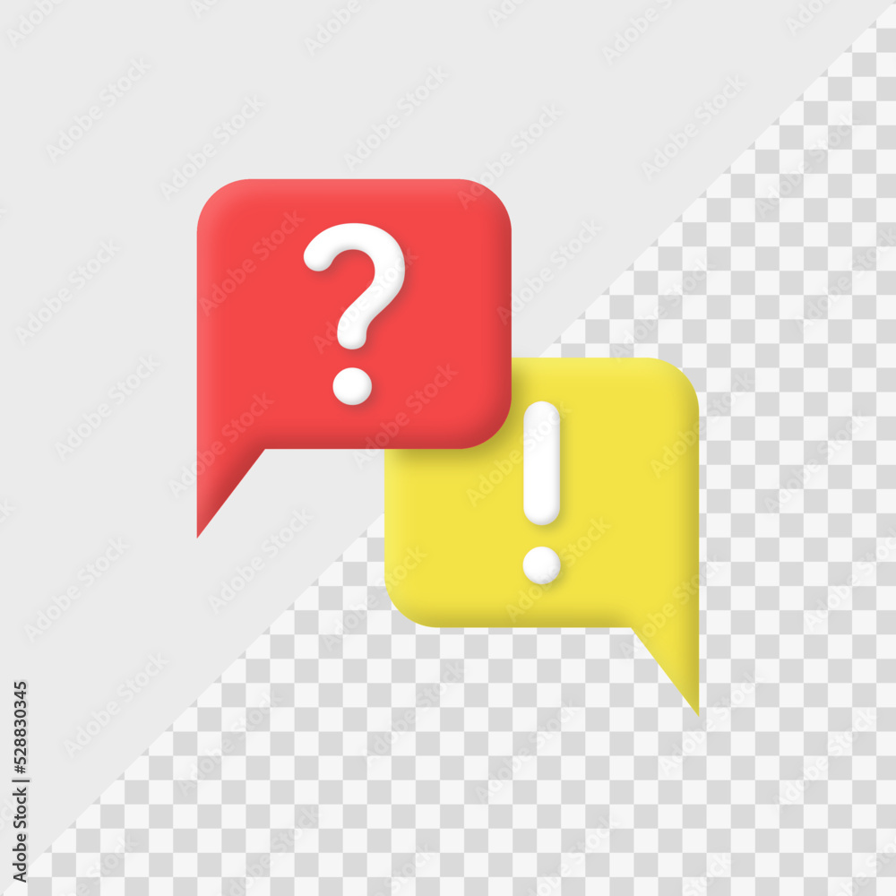 Poster question mark exclamation mark icon in 3d speech bubble. ask question and information icon, warning notification sign and faq sign dialogue bubbles icon, support, ask, info, icon