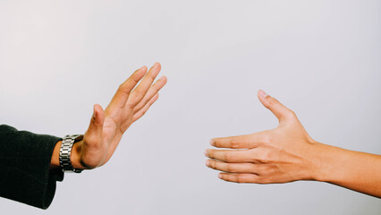 Businessman refusing to shake hands negotiations, business relations concept, line icons isolated...