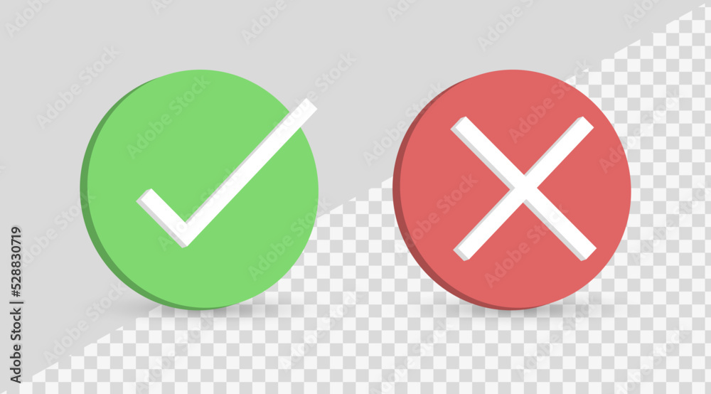 Poster 3d check mark icon button, green tick and red cross signs symbols. check box frame - yes or no 3d ch