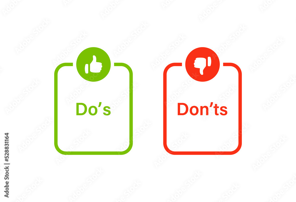 Poster Dos and donts icons in line frame - thumbs up or thumb down. Like or dislike - do's and don'ts frames - true or false - Dos and dont in line outline frame