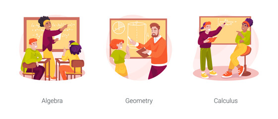 High school math curriculum isolated cartoon vector illustration set