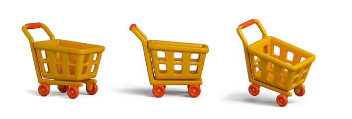 Set of yellow trolley shopping cart on transparent background, 3D rendering illustration