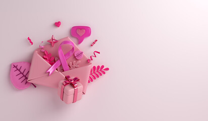 Breast cancer awareness ribbon with envelope gift box decoration background, copy space text, 3d rendering illustration