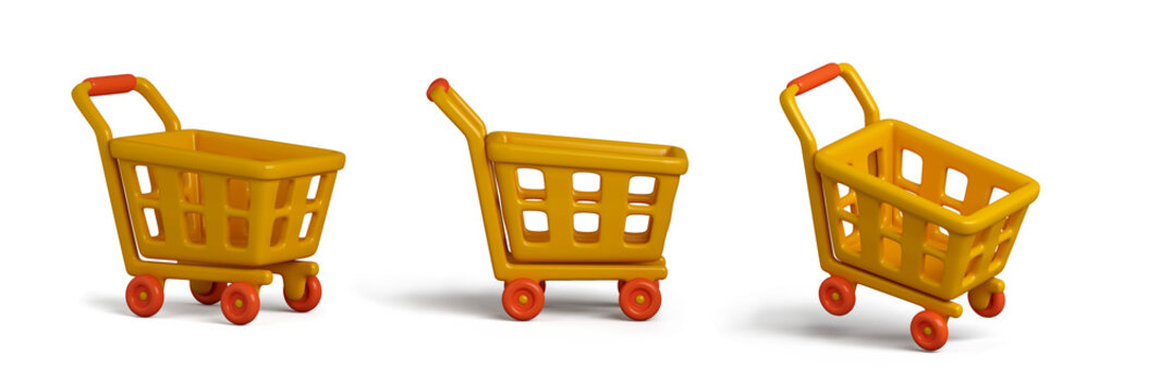 Set Of Yellow Trolley Shopping Cart On Transparent Background, 3D Rendering Illustration