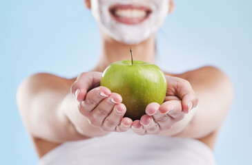 Wellness, diet and skincare by woman grooming and holding an apple, happy and excited to share her...