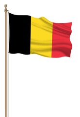 3D Flag of Belgium on a pillar blown away isolated on a white background.