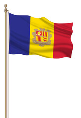 3D Flag of Andorra on a pillar blown away isolated on a white background.