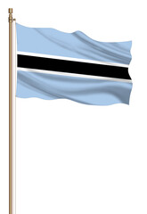 3D Flag of Botswana on a pillar blown away isolated on a white background.