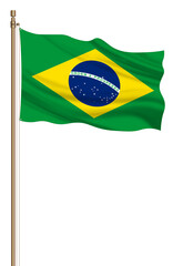 3D Flag of Brazil on a pillar blown away isolated on a white background.