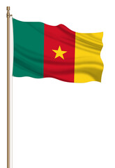 3D Flag of Cameroon on a pillar blown away isolated on a white background.