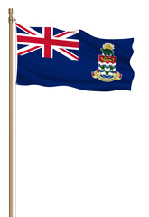 3D Flag of Cayman Islands on a pillar blown away isolated on a white background.