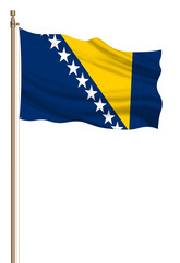 3D Flag of Bosnia and Herzegovina on a pillar blown away isolated on a white background.