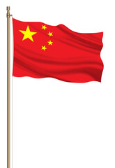 3D Flag of China on a pillar blown away isolated on a white background.