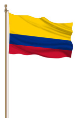 3D Flag of Colombia on a pillar blown away isolated on a white background.