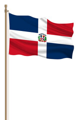 Obraz na płótnie Canvas 3D Flag of Dominican Republic on a pillar blown away isolated on a white background.