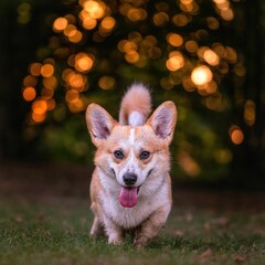 Pies rasy corgi pembroke o poranku. Za nim piękny złoty bokeh © Michal45