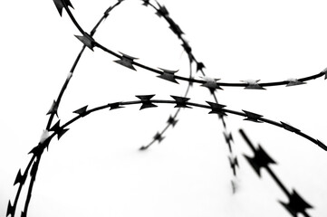 Barbed wire in the snow close-up. Abstraction, selective focus