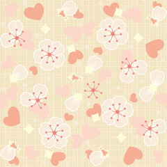 Seamless floral pattern with fabric backdrop of pastel colors with flowers, petals, hearts
