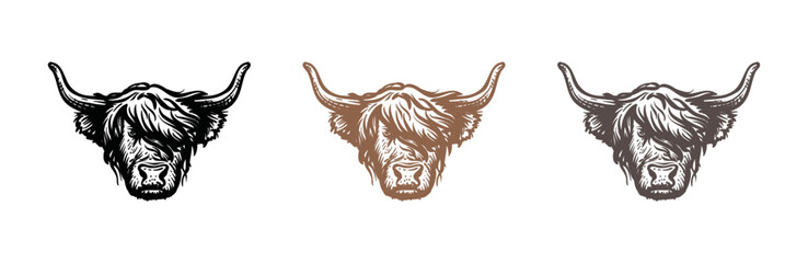 Head of highland cattle cow illustration hand drawn symbol icon logo vector. Farm logo design