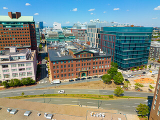Sarepta Therapeutics building aerial view at 215 First Street in Kendall Square, city of Cambridge,...
