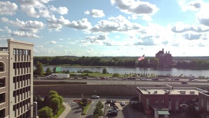 Aerial Drone View Highway Traffic Downtown Springfield, MA