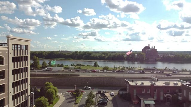 Aerial Drone View Highway Traffic Downtown Springfield, MA