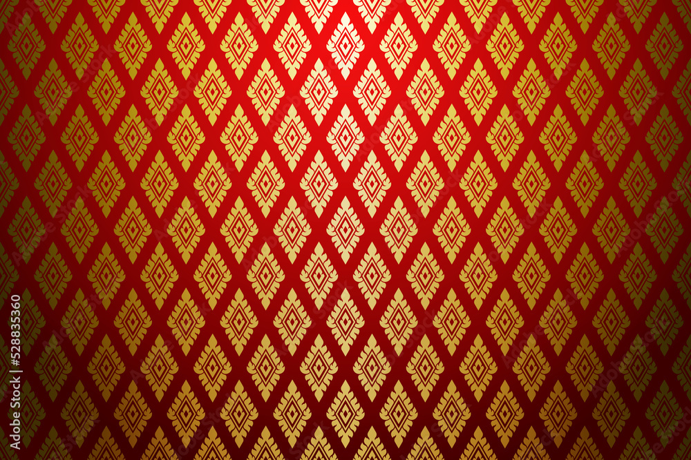 Wall mural Damask-style Thai art pattern. Luxurious gold diamond shape with red background. Vector illustration. - Wall murals