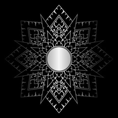 Mandala pattern in applied Thai art style. Silver gradient eight-pointed star stripes. Dark black background. Vector illustration.