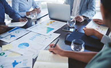 Digital marketing planning, teamwork and strategy business meeting in the office collaboration on vision, mission goals. Corporate group of people in communication on profit growth and revenue sales