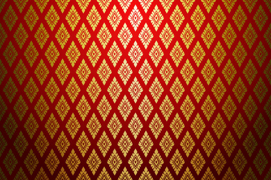 Damask-style Thai Art Pattern. Luxurious Gold Diamond Shape With Red Background. Vector Illustration.