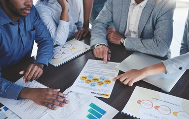 Hands teamwork, planning and paperwork, documents or charts doing research, data and budget report....