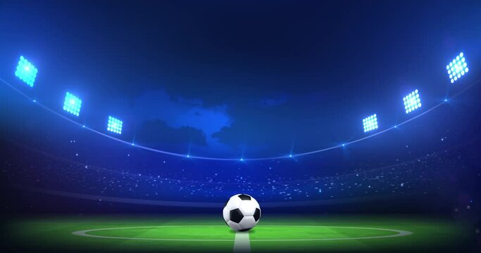 Spinning football sphere with copy space for soccer information on football stadium background. 4K Video motion graphic animation