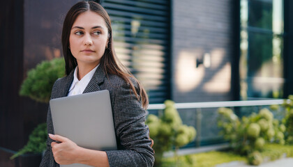 A caucasian businesswoman is leaving her office, holding laptop walking near corporate building outdoors. Copy space. Looking away. Concept: businesswoman or