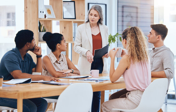 Ceo Woman Consulting Young Team, Explain Business Strategy And Professional Working Together. Group Of Employees Listen To Boss, Corporate Office Manager Planning Meeting And Solution Focused Staff