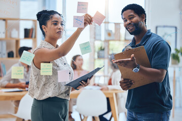 Sticky notes, planning and collaboration partnership marketing team working on advertising idea for startup business. Strategy, teamwork and support from black employee brainstorming a success plan