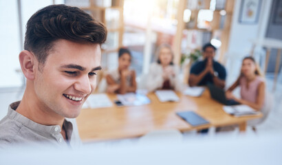 Innovation, strategy and planning by businessman leading presentation in a meeting in an office....