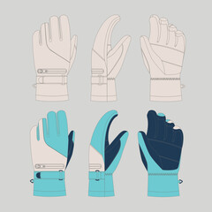 technical sketch of winter gloves for winter sports, gloves for skiing or snowboarding