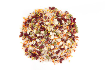 Pile of mixed grains isolated on white background.Raw Ingredients Making Laba Porridge