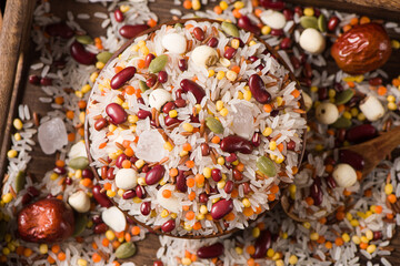 mixed grains on table.Raw Ingredients Making Laba Porridge