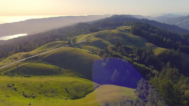 Flight over the Mt Tamalpais landscape towards a winding mountain road