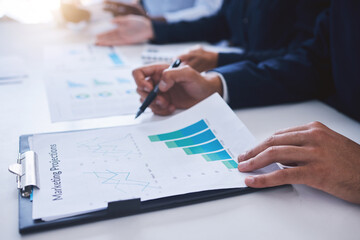 Marketing chart graphs, sales and advertising goals or projections checklist and paperwork results by the manager. Employee reading financial profit data analytics while planning a finance strategy