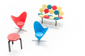 Mid century chair isolated on white background. Mid century modern furniture. Furniture design. Product design. Minimalist style. Iconic chair collection. Packshot photography. Colour objects.