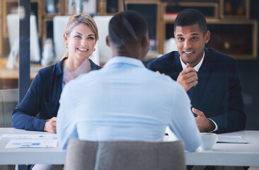 Business interview in a corporate office with an ambitious employee discuss goal and plan with HR...