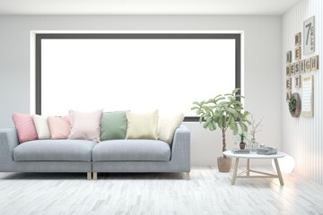 Modern living room in white color with sofa. Scandinavian interior design. 3D illustration
