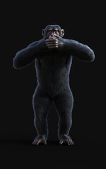3d illustration chimpanzee monkeys, standing and closing the mouth isolated on black background.