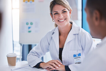 Innovation, collaboration and healthcare leader in doctor meeting with experts discuss goal or...